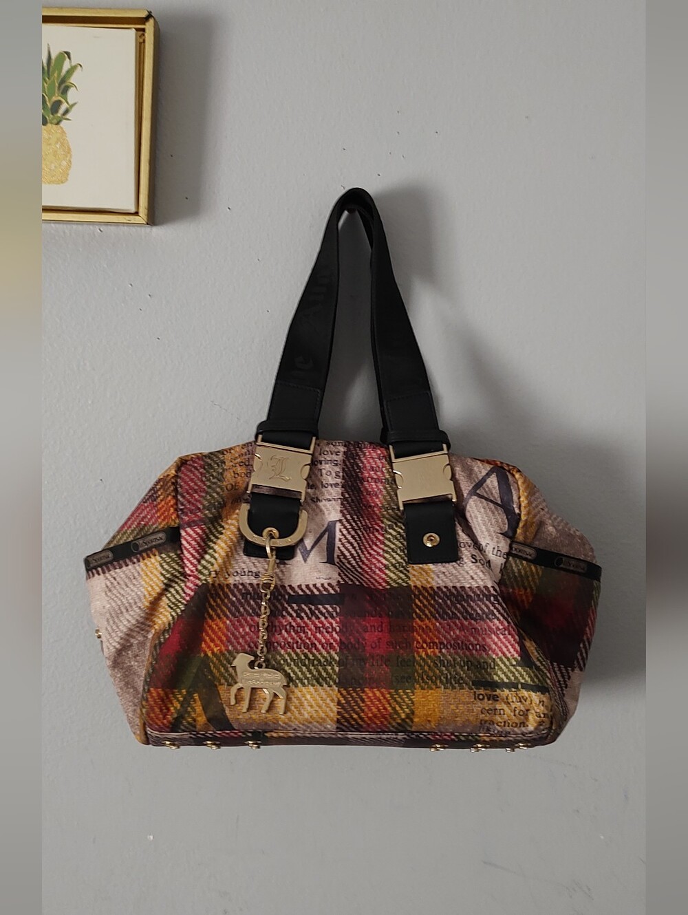 Plaid Multicolor Tote Bag with Gold Accents L.a.m.b